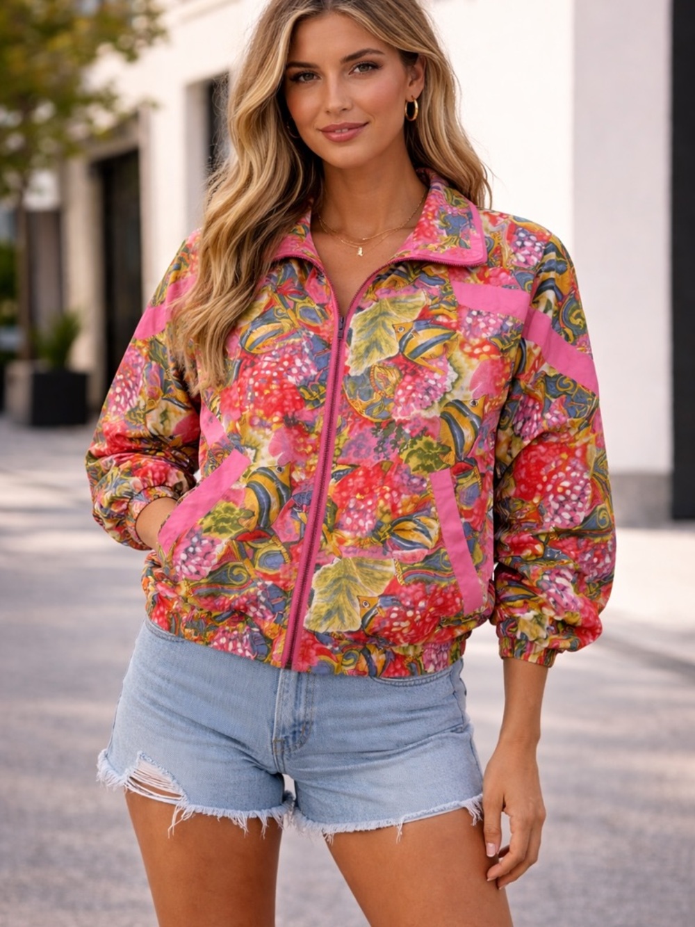 Vintage DONNA TORAN 100% Silk Fish Sea Life Print Collared Bomber Jacket SZ XS